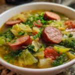 Close-up of a white bowl filled with flavorful Instant Pot Cabbage and Sausage Soup, featuring thick sausage slices and tender cabbage.