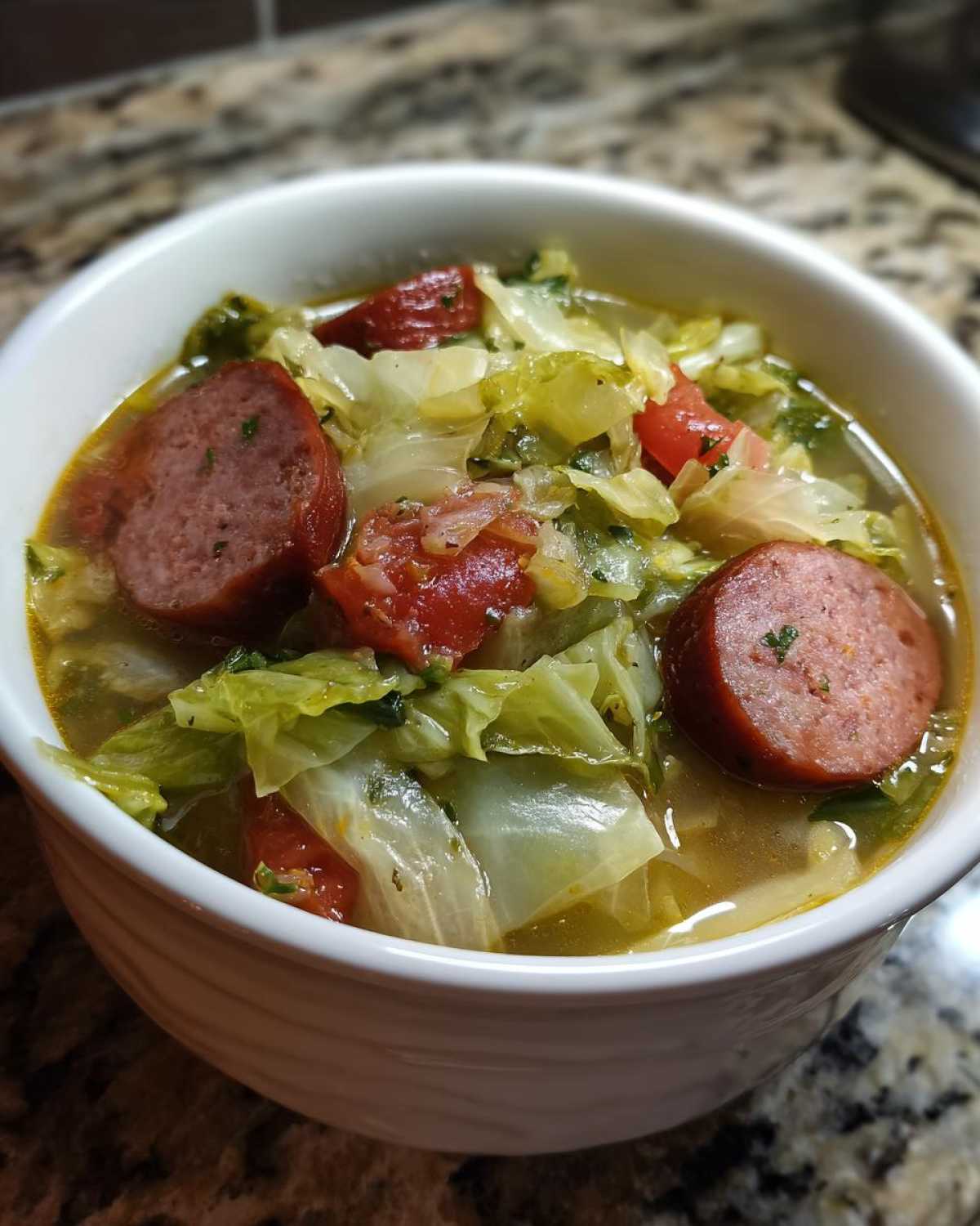 Close-up of a white bowl filled with Instant Pot Cabbage and Sausage Soup, featuring large sausage slices and green cabbage.