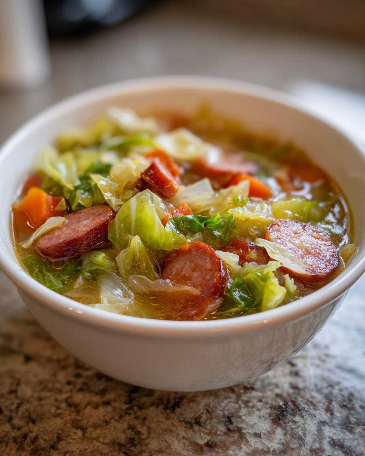 Close-up of a white bowl filled with Instant Pot Cabbage and Sausage Soup, featuring sliced sausage and chunks of cabbage.