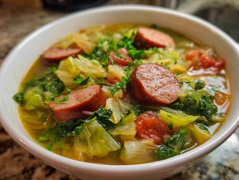 Close-up of a white bowl filled with flavorful Instant Pot Cabbage and Sausage Soup, featuring thick sausage slices and tender cabbage.