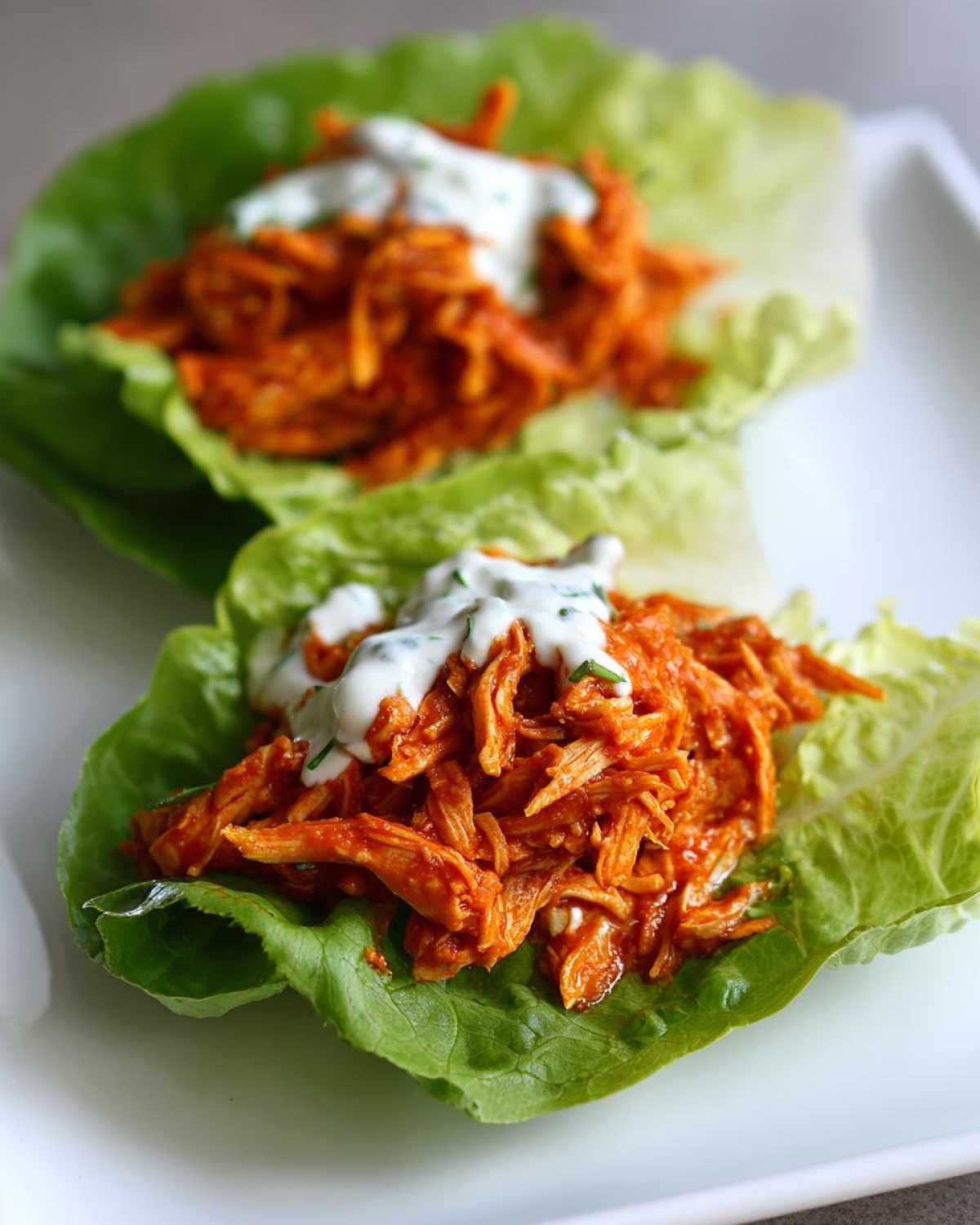 Two servings of Keto Buffalo Chicken Lettuce Wraps topped with a creamy ranch drizzle.