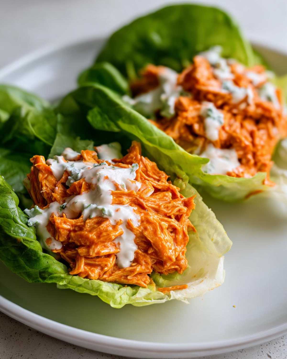 Close-up of two Keto Buffalo Chicken Lettuce Wraps filled with orange buffalo chicken and drizzled with white ranch dressing.