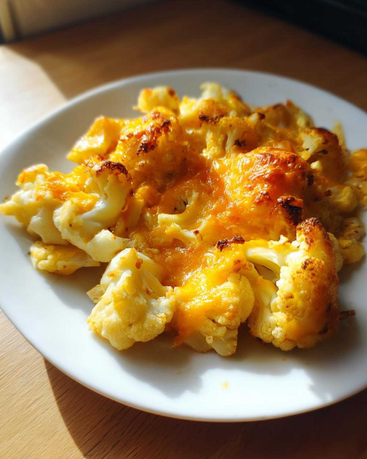 Close-up of Keto Cauliflower Mac and Cheese featuring roasted cauliflower florets topped with melted, browned cheddar cheese.