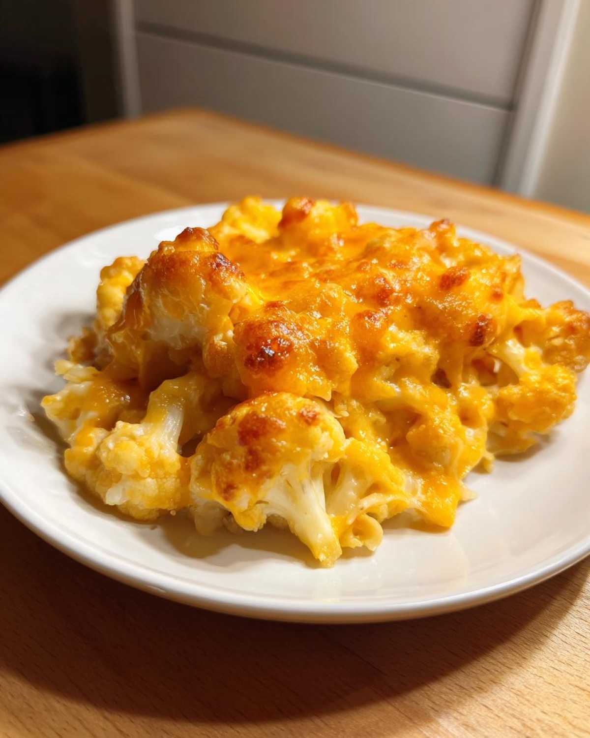 A close-up of a serving of Keto Cauliflower Mac and Cheese with a golden-brown, bubbly top.