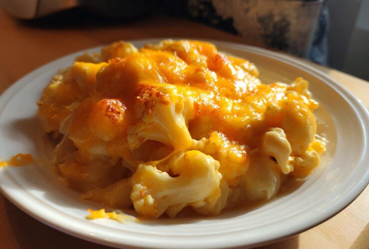 A close-up of a serving of Keto Cauliflower Mac and Cheese topped with melted, bubbly cheddar cheese.