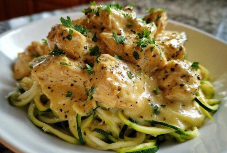 A close-up of Keto Chicken Alfredo featuring creamy sauce-covered chicken pieces served over bright green zucchini noodles (zoodles).