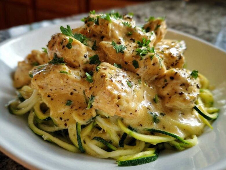 A close-up of Keto Chicken Alfredo featuring creamy sauce-covered chicken pieces served over bright green zucchini noodles (zoodles).