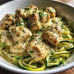 Close-up of Keto Chicken Alfredo featuring seasoned chicken pieces smothered in creamy sauce over zucchini noodles.