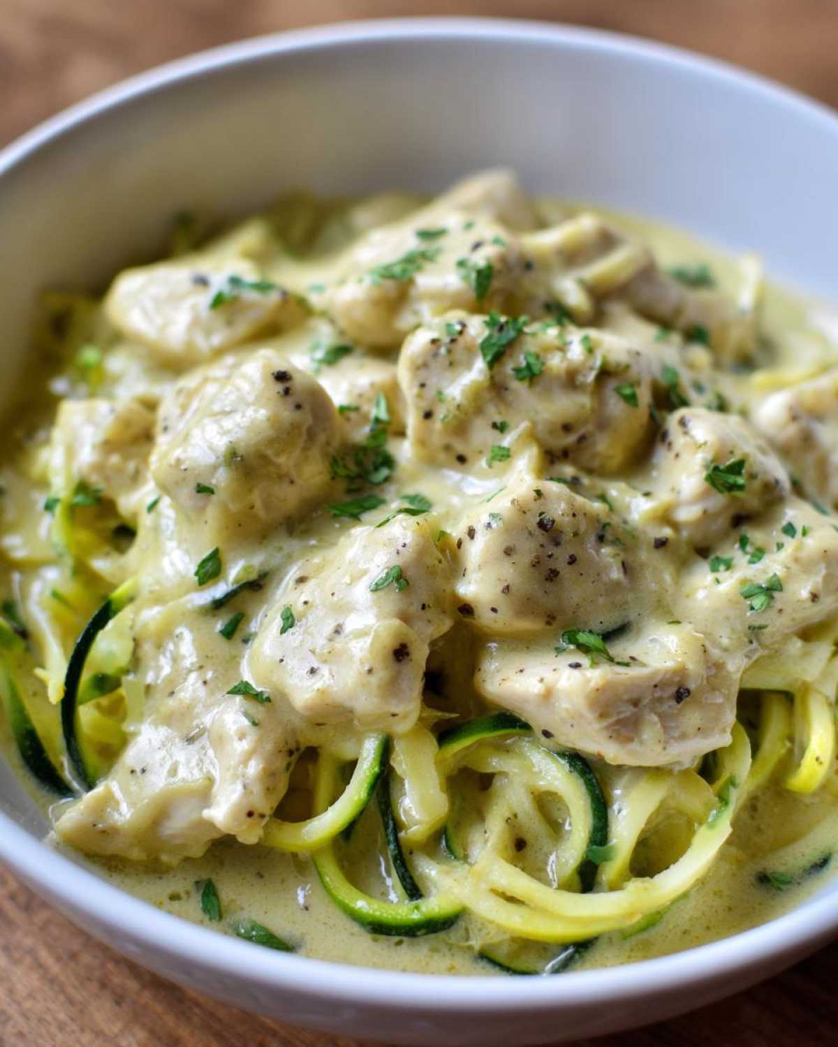 Close-up of Keto Chicken Alfredo featuring tender chicken pieces over zucchini noodles in a rich, creamy sauce.
