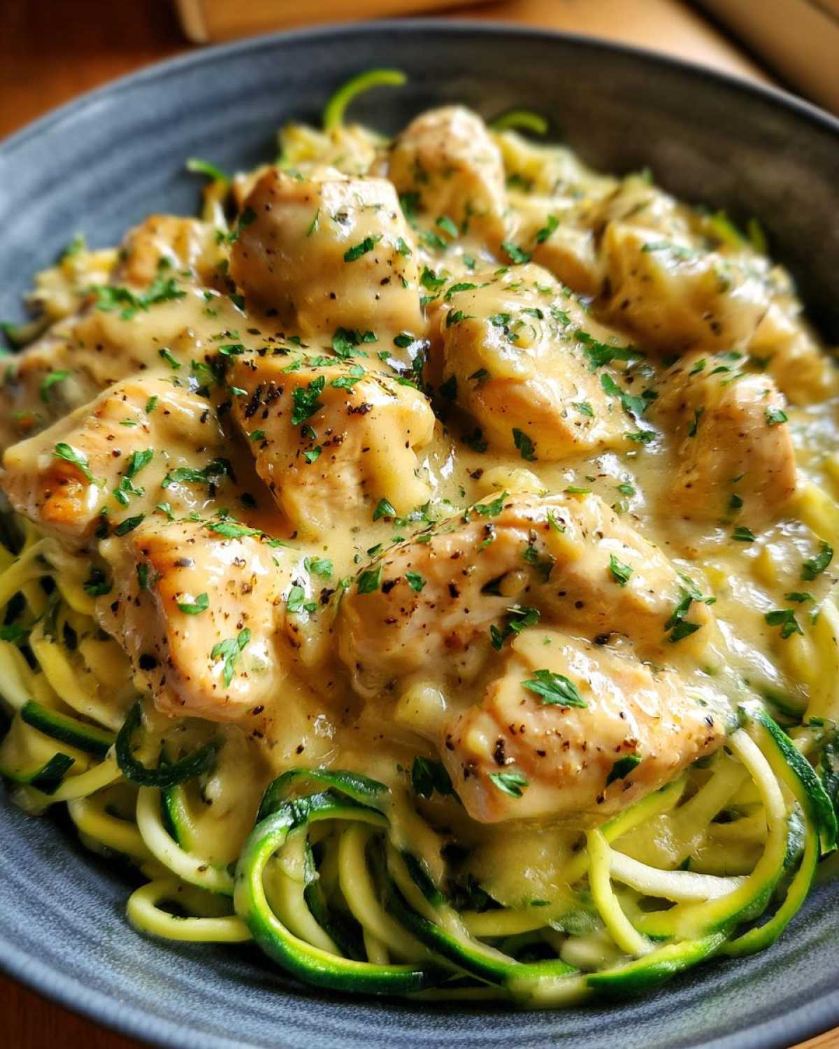 Close-up of Keto Chicken Alfredo featuring creamy sauce, seasoned chicken pieces, and zucchini noodles.