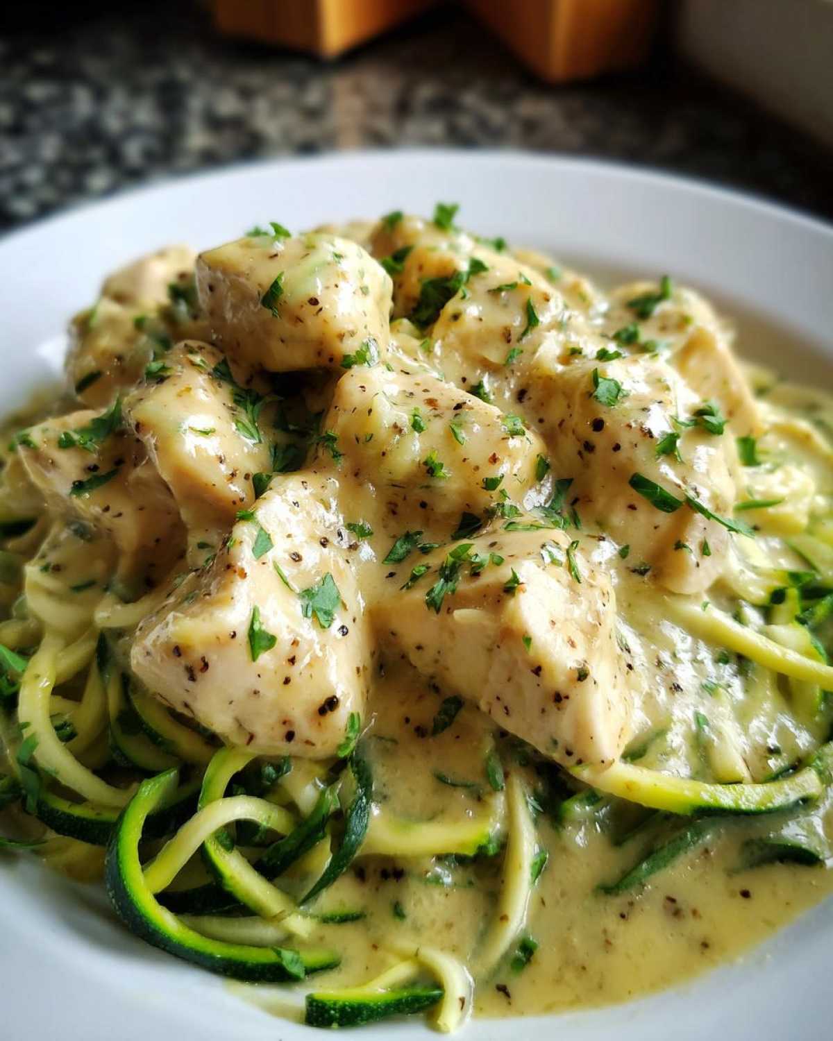 Close-up of tender chicken chunks smothered in creamy sauce over zucchini noodles in a bowl of Keto Chicken Alfredo.
