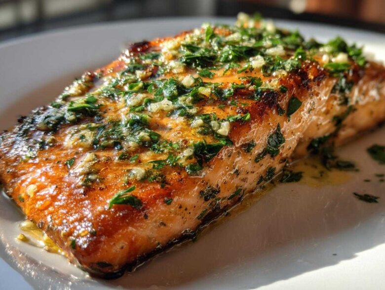 Close-up of a perfectly cooked Keto Garlic Butter Salmon fillet topped with melted butter, minced garlic, and fresh parsley.
