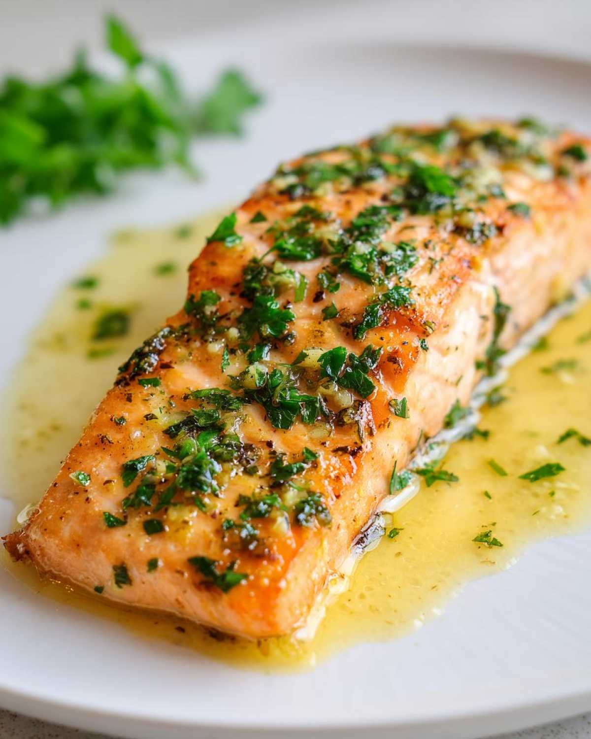 Close-up of a perfectly cooked Keto Garlic Butter Salmon fillet drizzled with melted butter sauce and fresh parsley.