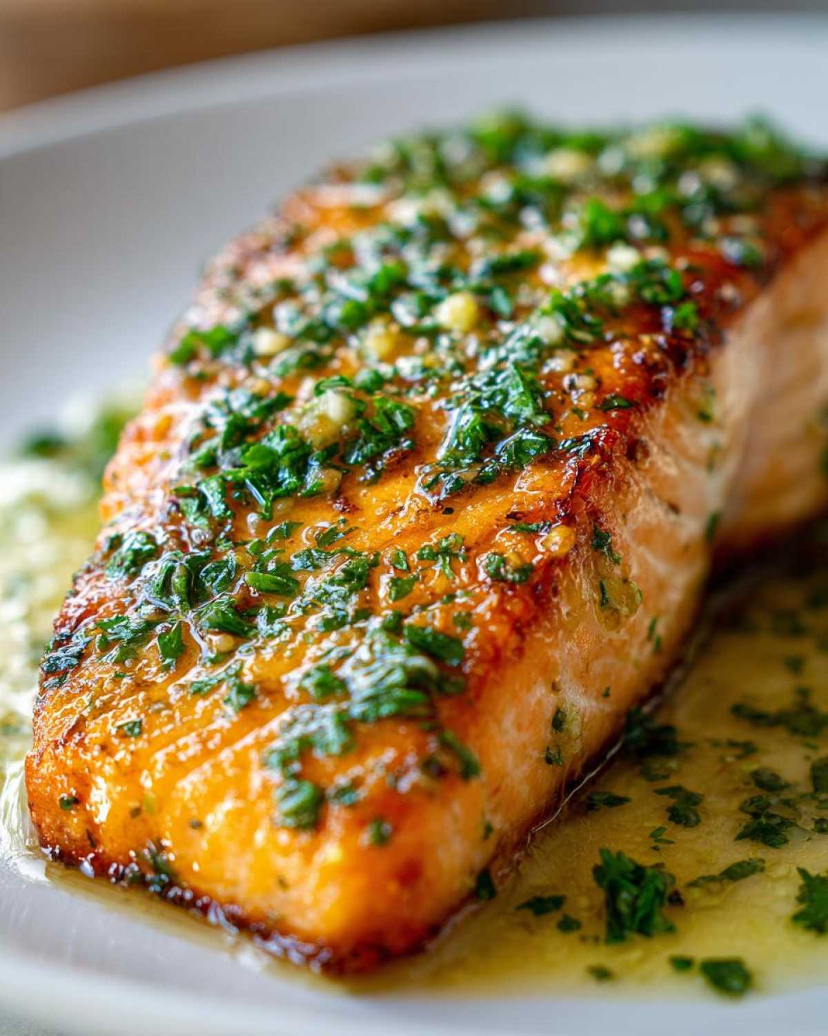 Close-up of a perfectly cooked Keto Garlic Butter Salmon fillet glistening with butter sauce and topped with fresh parsley.