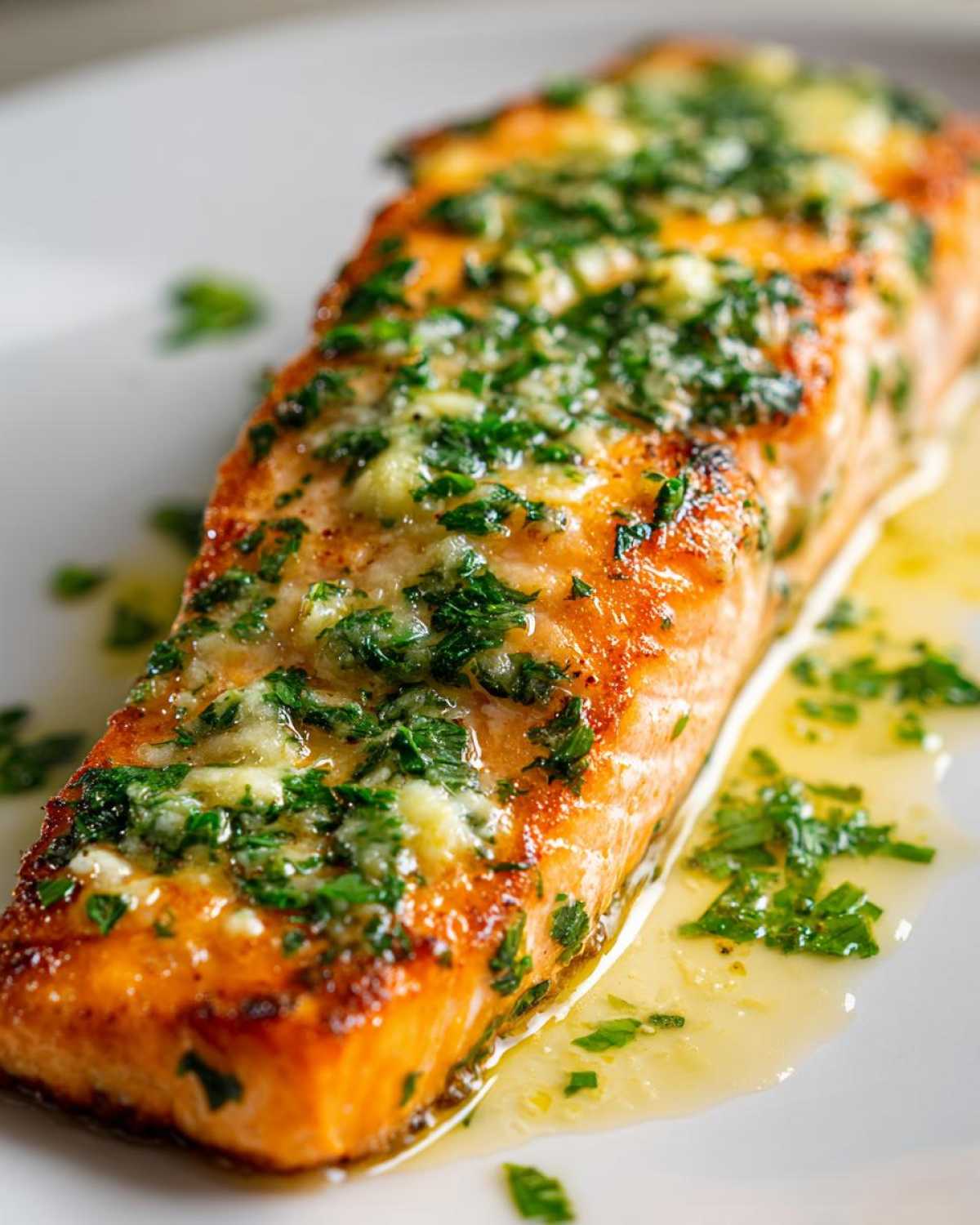 Close-up of a perfectly cooked Keto Garlic Butter Salmon fillet topped with melted butter and fresh parsley.