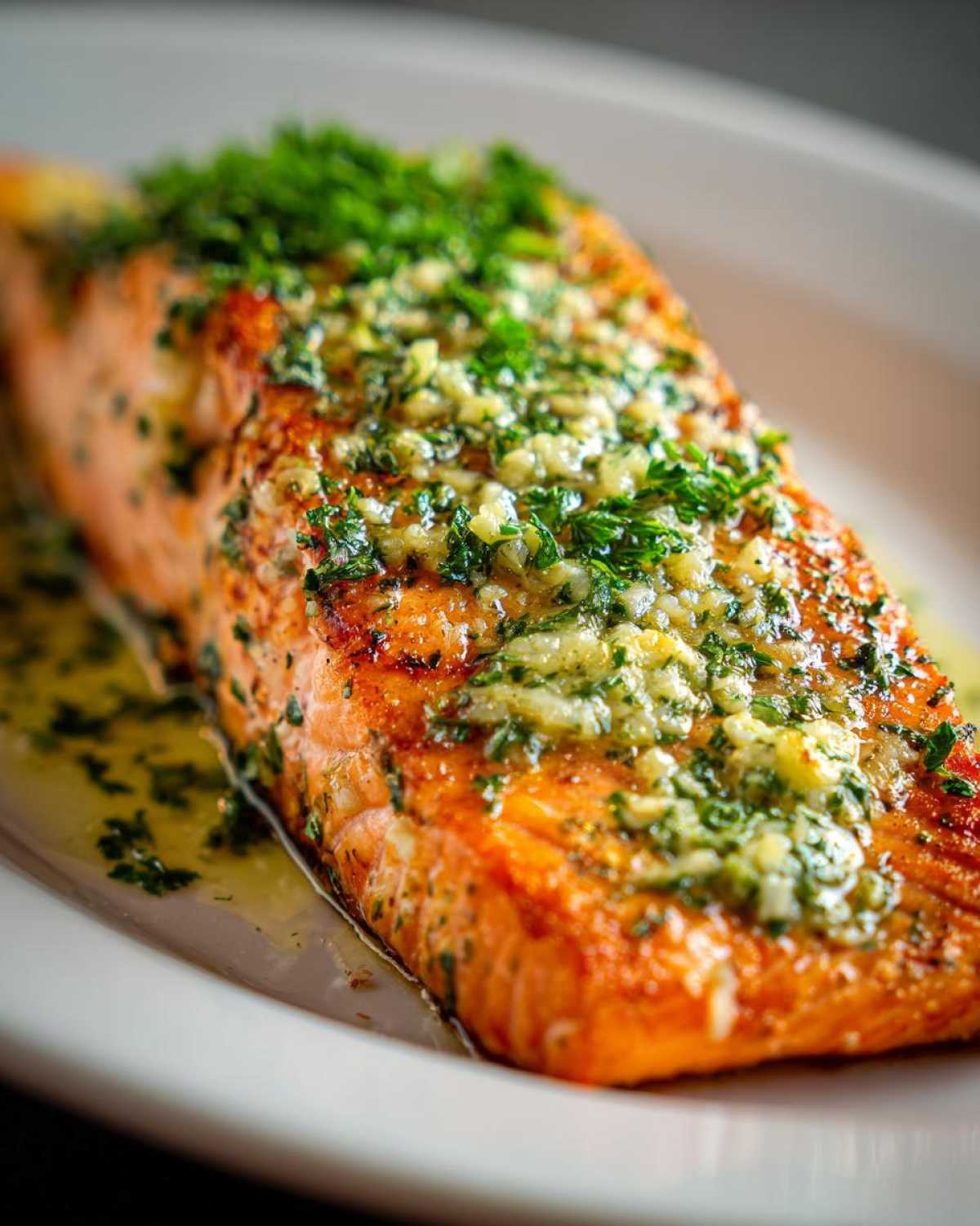 Close-up of a perfectly cooked Keto Garlic Butter Salmon fillet topped with minced garlic and fresh parsley.