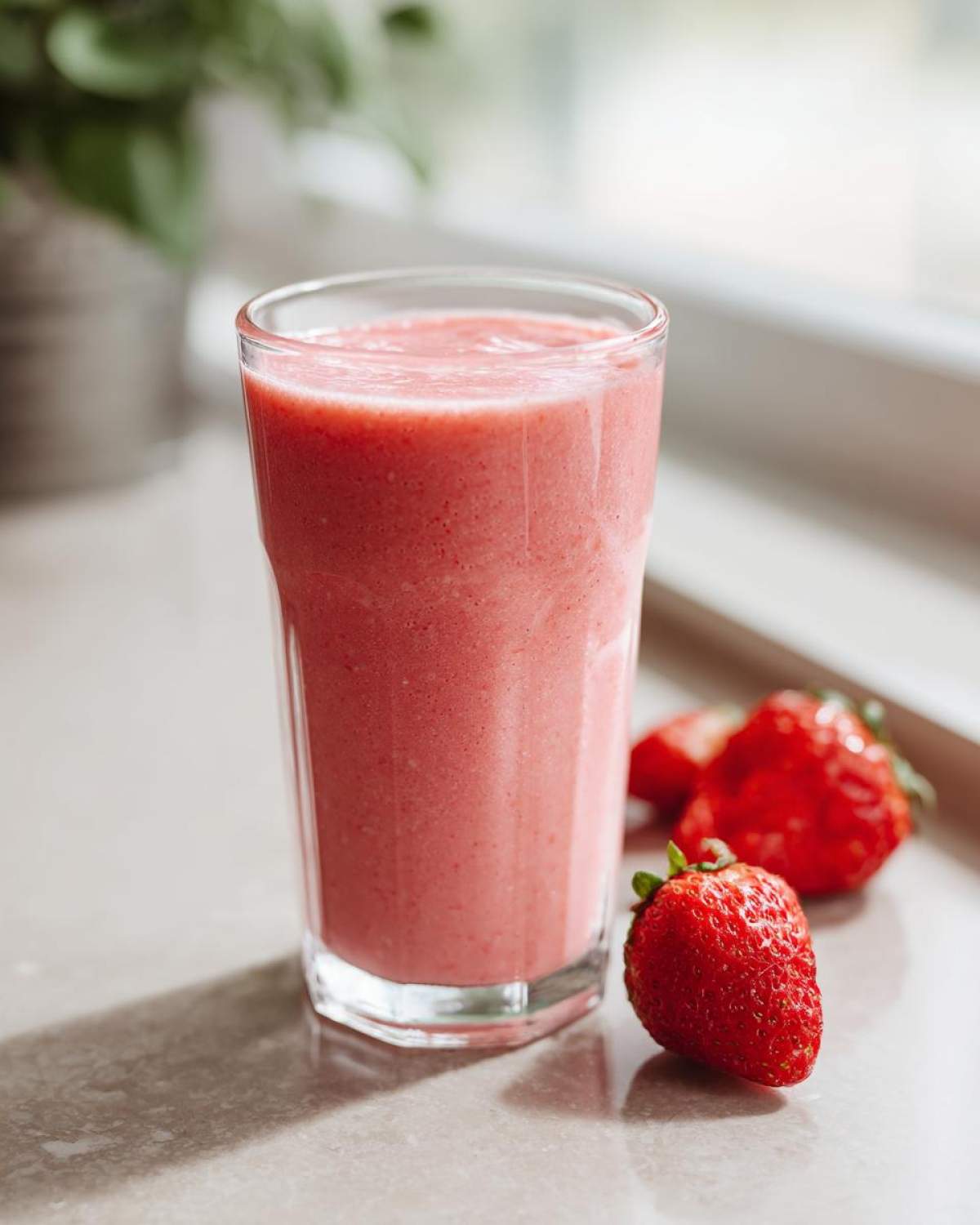A tall glass filled with a thick, pink Keto Strawberry Cheesecake Smoothie, sitting next to fresh strawberries.