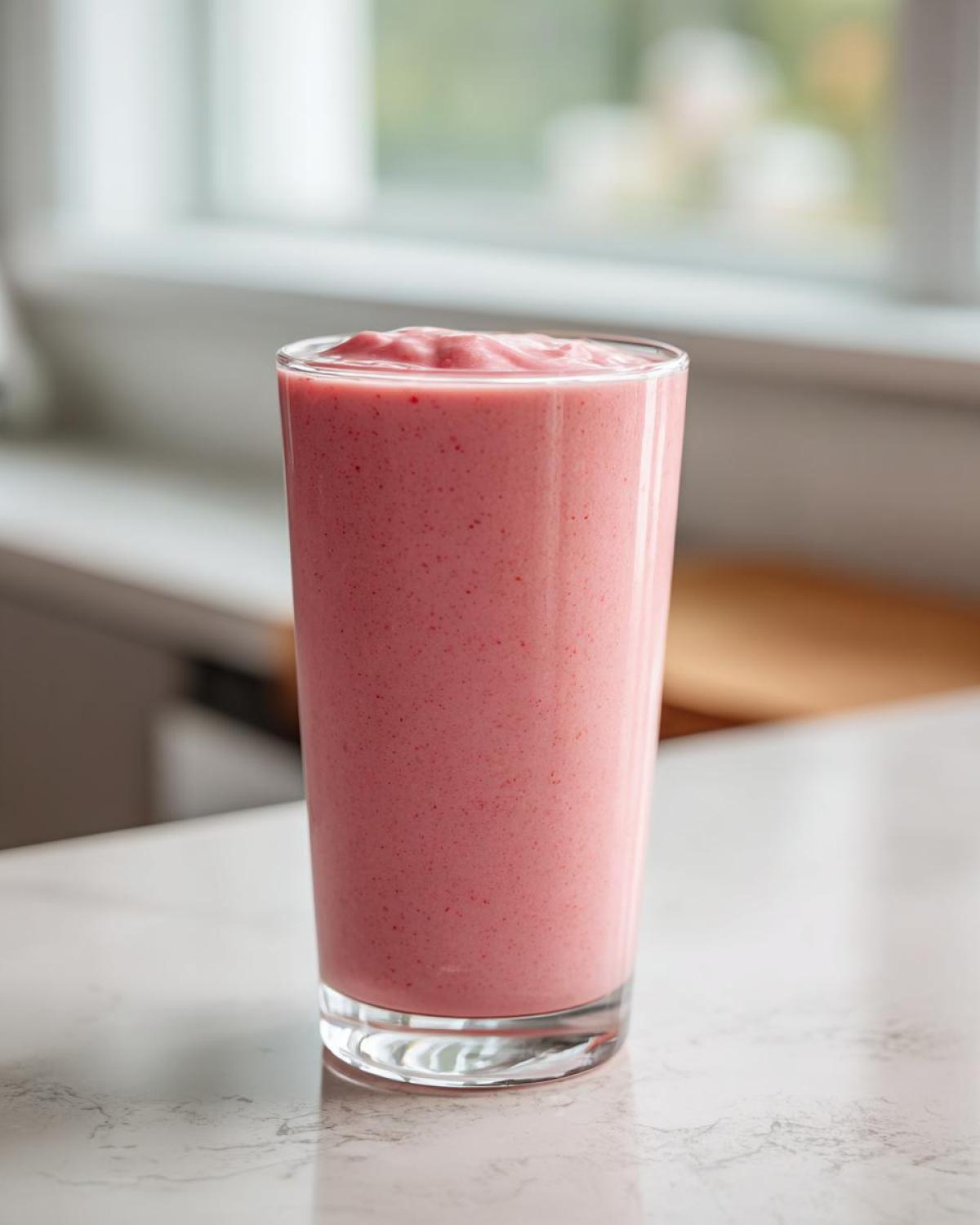 A tall glass filled with a thick, pink Keto Strawberry Cheesecake Smoothie resting on a white countertop.