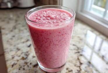 A close-up of a thick, pink Keto Strawberry Cheesecake Smoothie served in a clear glass on a granite countertop.