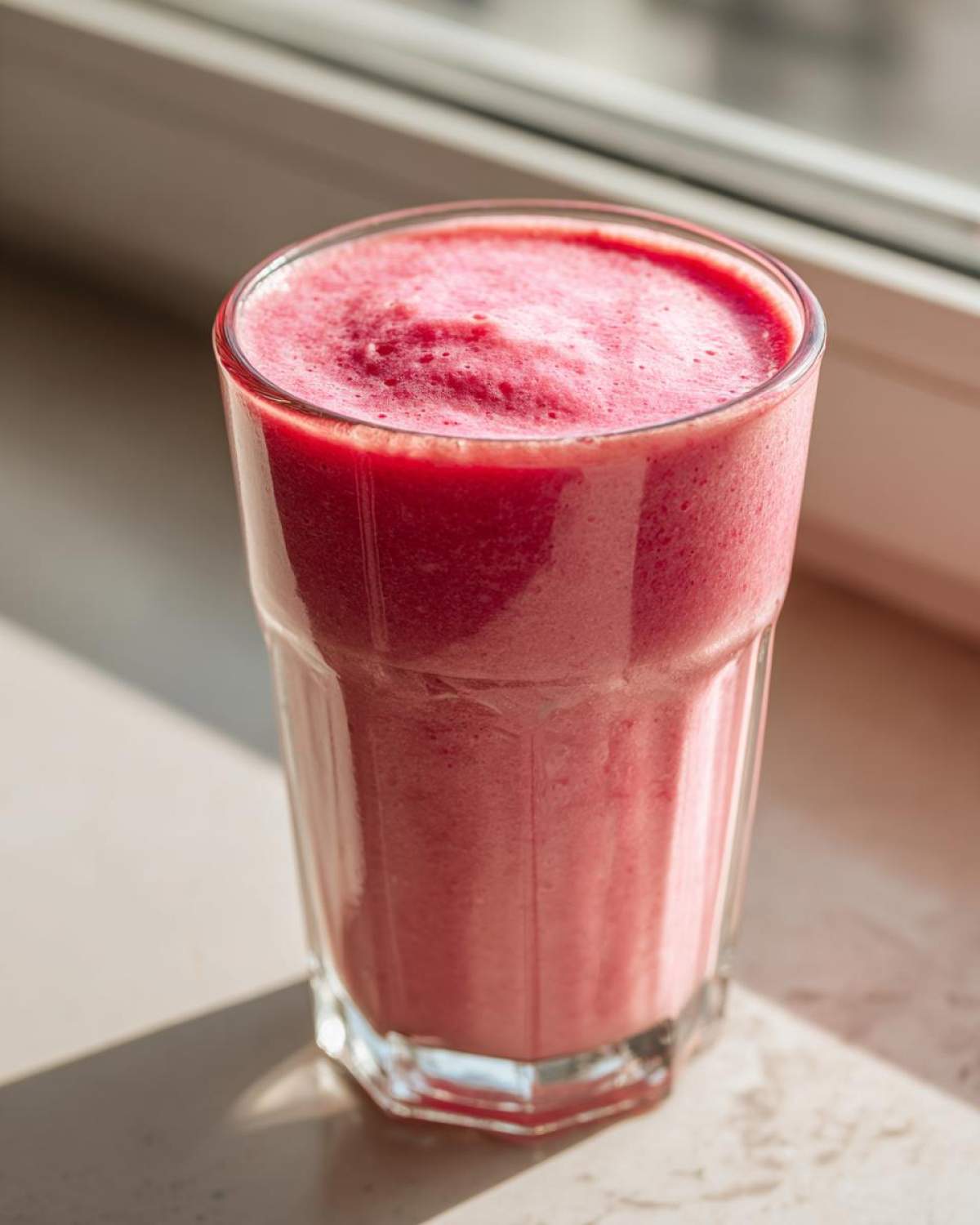 A tall glass filled with a vibrant pink Keto Strawberry Cheesecake Smoothie, sitting in sunlight by a window.