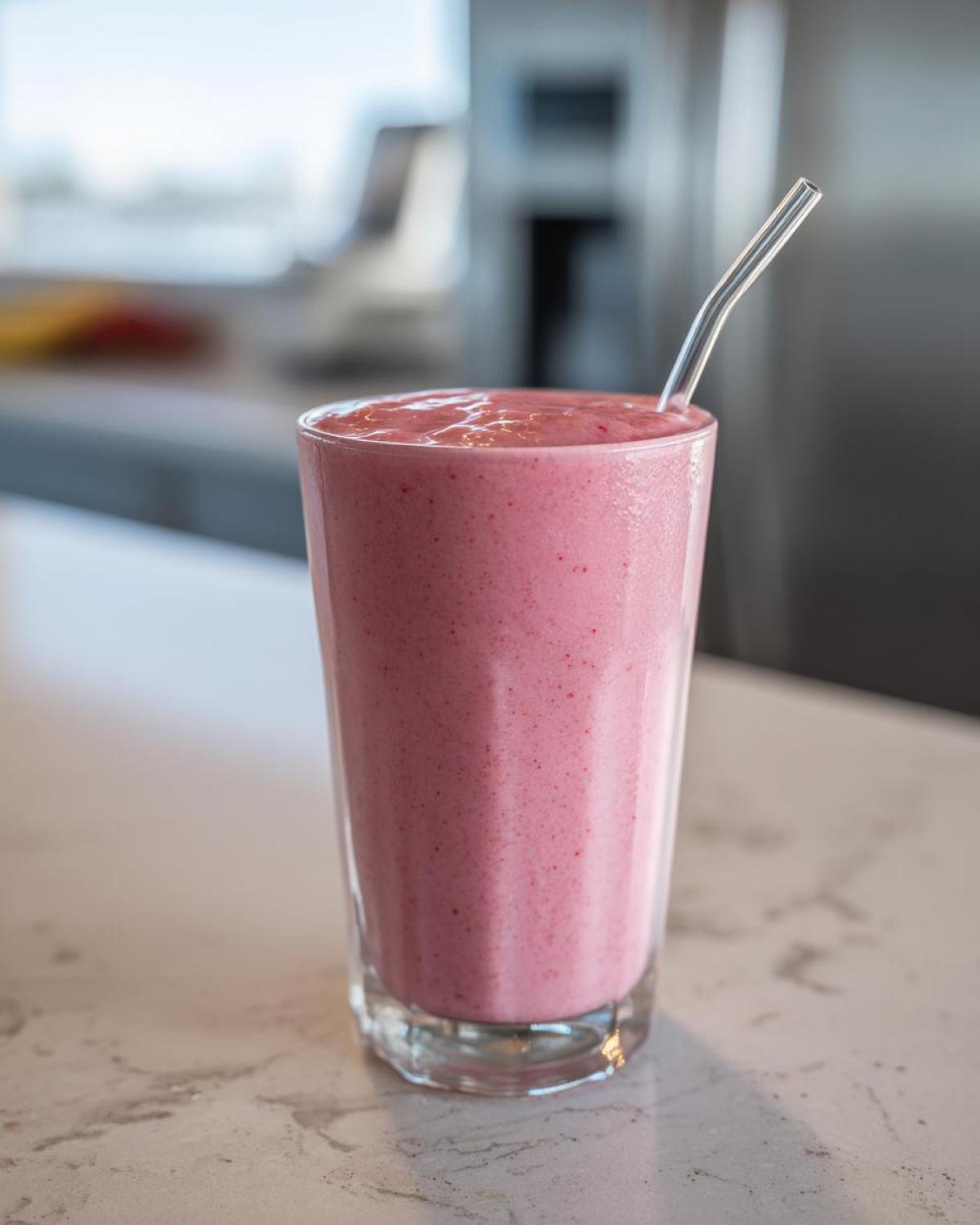 A tall glass filled with a thick, pink Keto Strawberry Cheesecake Smoothie, featuring a clear straw.