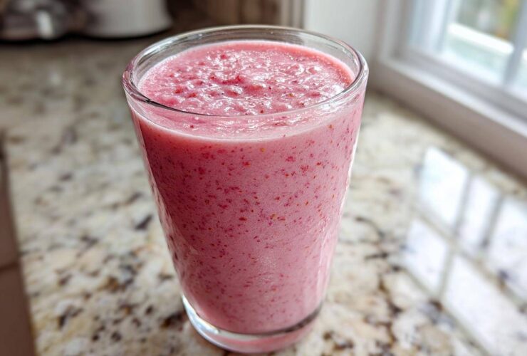 A close-up of a thick, pink Keto Strawberry Cheesecake Smoothie served in a clear glass on a granite countertop.