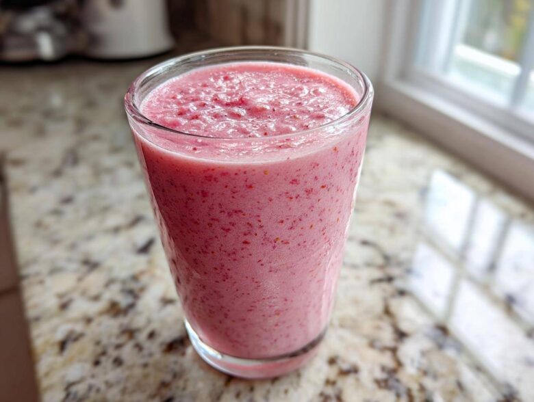 A close-up of a thick, pink Keto Strawberry Cheesecake Smoothie served in a clear glass on a granite countertop.