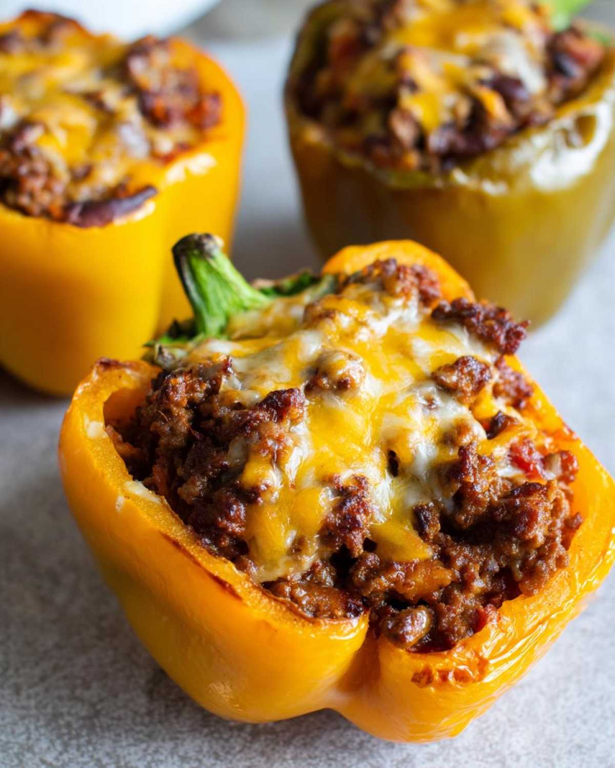 Close-up of a yellow bell pepper half filled with seasoned ground meat and melted cheese, one of several Keto Taco Stuffed Peppers.