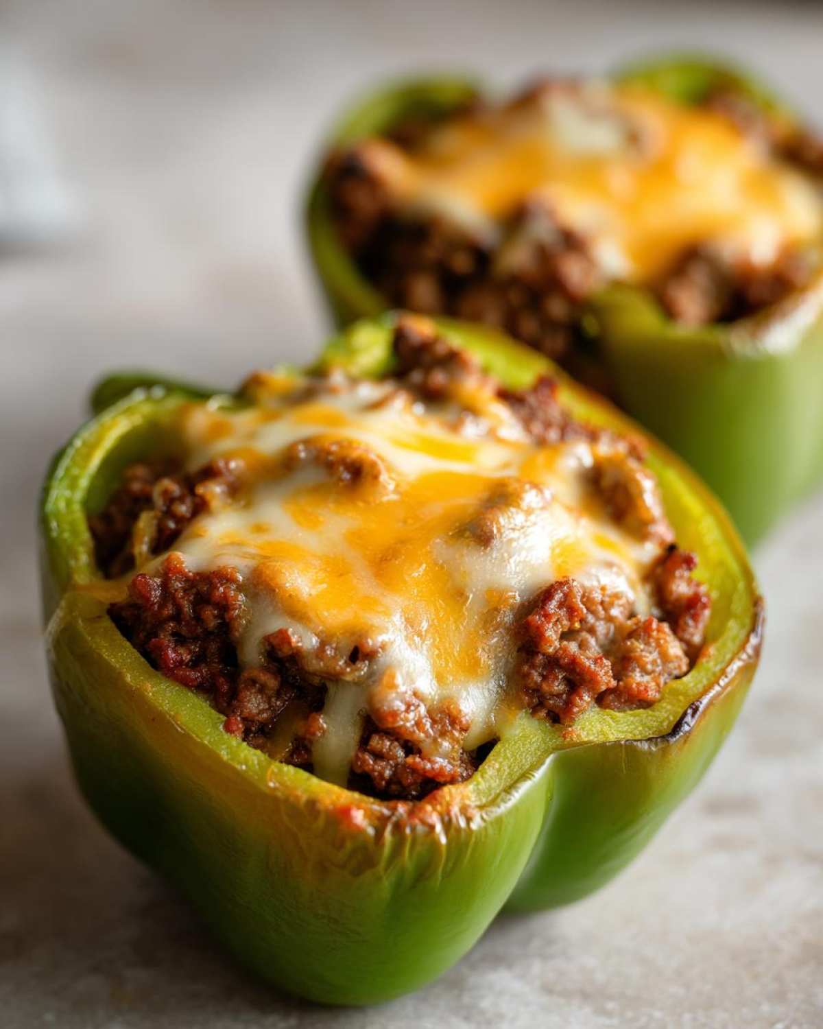 Close-up of a green bell pepper half filled with seasoned ground meat and topped with melted cheddar and Monterey Jack cheese, part of the Keto Taco Stuffed Peppers.