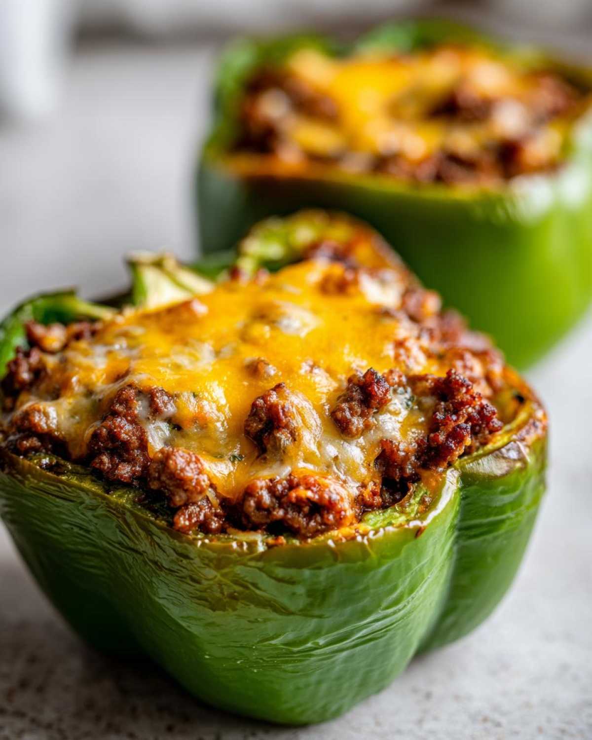 A close-up of a baked green bell pepper filled with seasoned ground meat and topped with melted cheddar cheese, ready to eat as Keto Taco Stuffed Peppers.