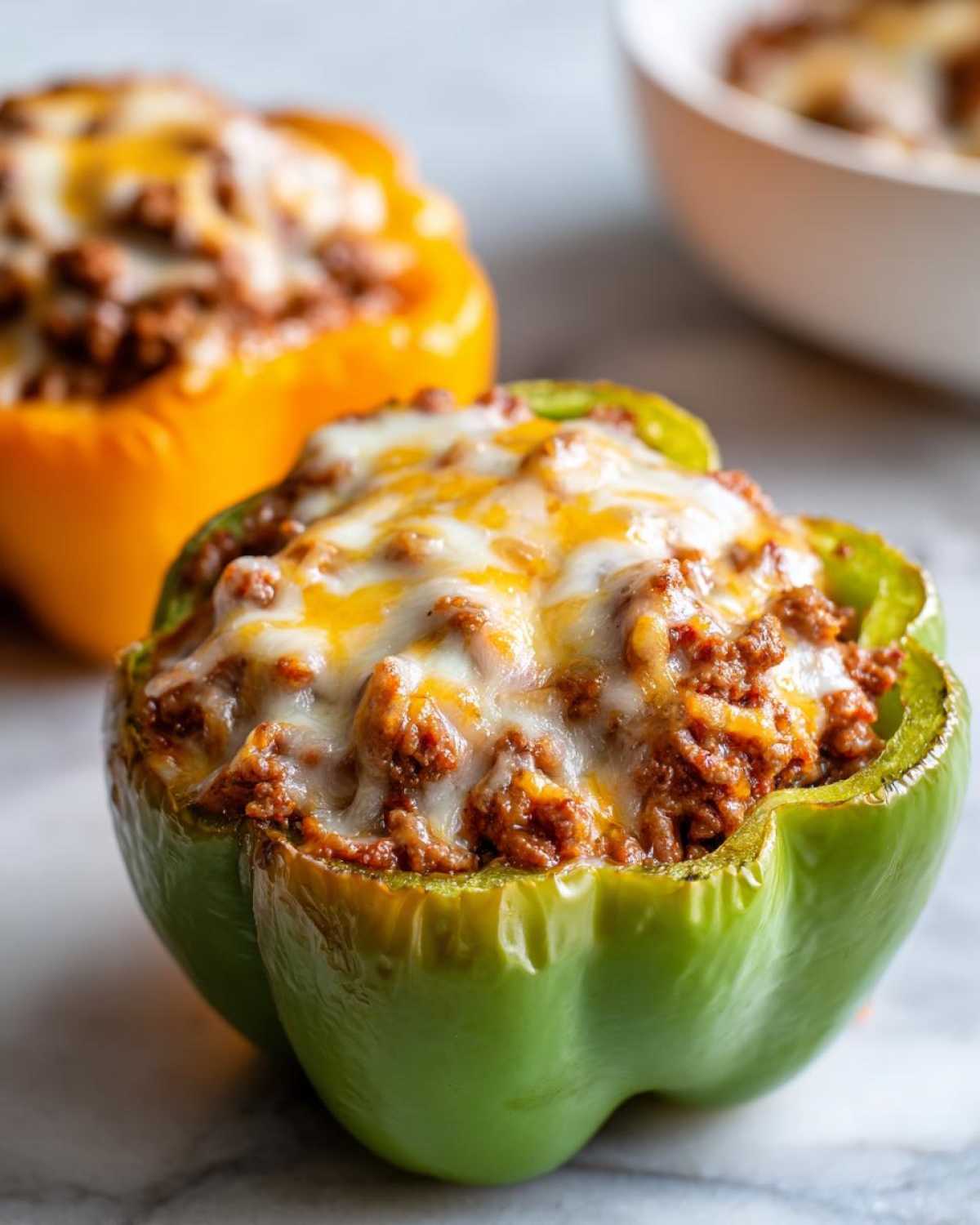 Close-up of a green bell pepper stuffed with seasoned meat and topped with melted cheese, part of the Keto Taco Stuffed Peppers recipe.