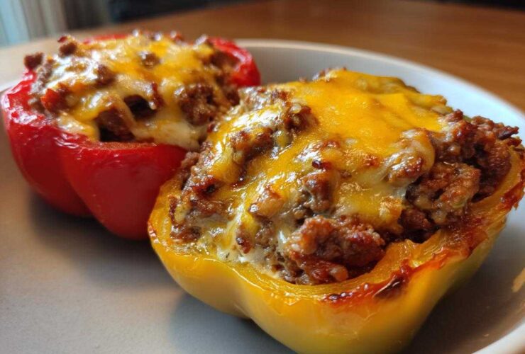 Two halves of Keto Taco Stuffed Peppers, one red and one yellow, topped with seasoned ground meat and melted cheddar cheese.