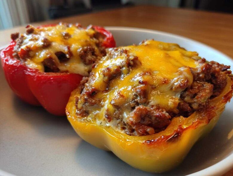 Two halves of Keto Taco Stuffed Peppers, one red and one yellow, topped with seasoned ground meat and melted cheddar cheese.