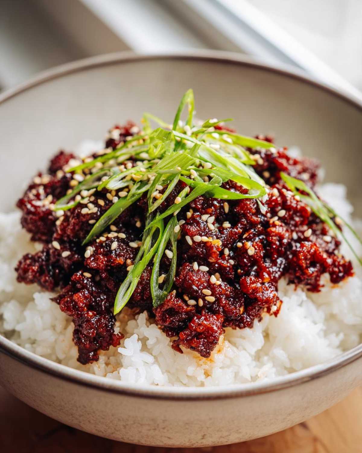 Close-up of Korean Ground Beef Bulgogi Bowls featuring rich, dark ground beef served over white rice and garnished with sesame seeds and fresh green onions.