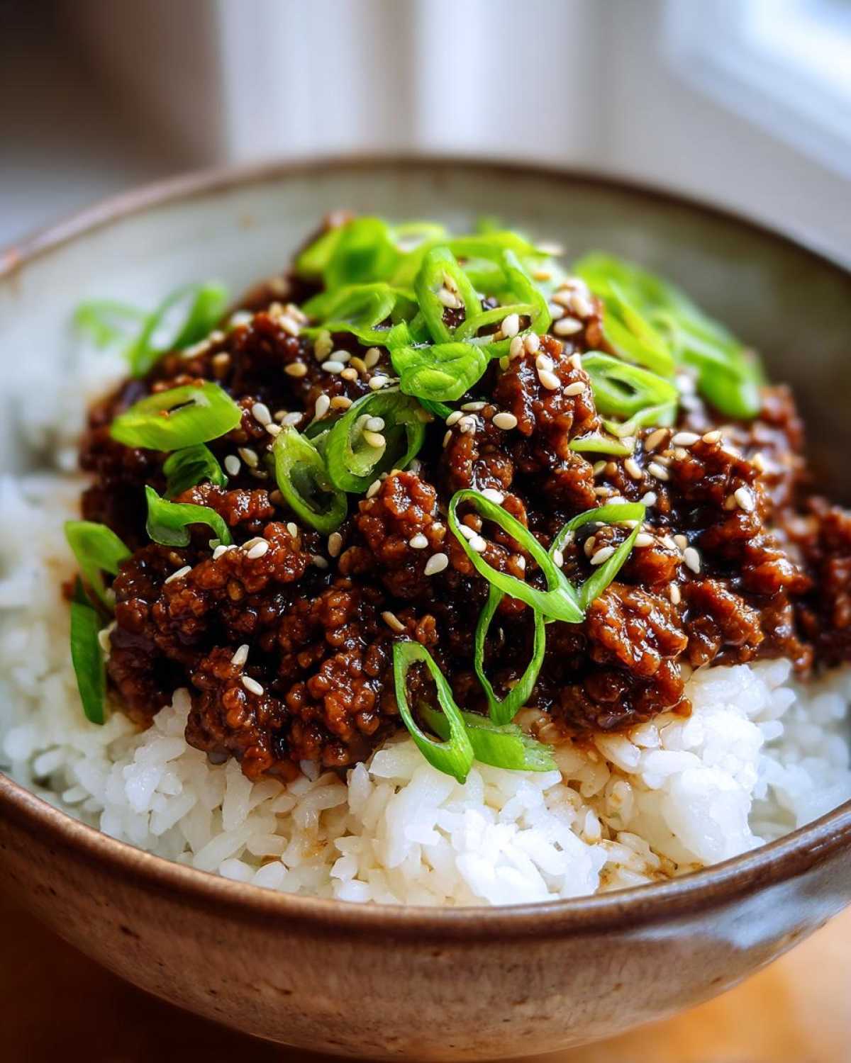 Close-up of Korean Ground Beef Bulgogi Bowls featuring savory ground beef over white rice, garnished with sliced green onions and sesame seeds.