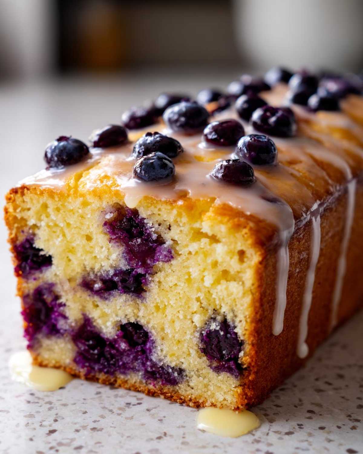 A close-up cross-section of a moist Lemon Blueberry Yogurt Loaf topped with fresh blueberries and drizzled with a thick lemon glaze.