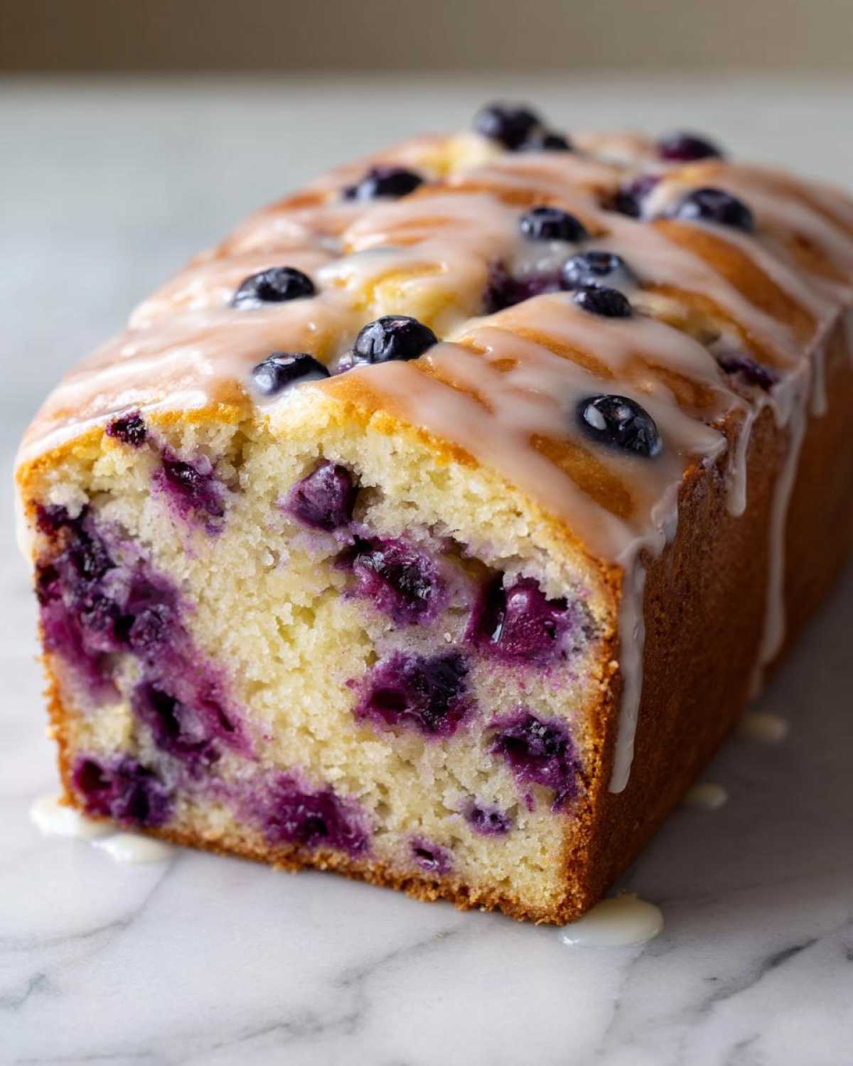 A close-up of the finished Lemon Blueberry Yogurt Loaf, showing the moist crumb packed with blueberries and drizzled with white glaze.