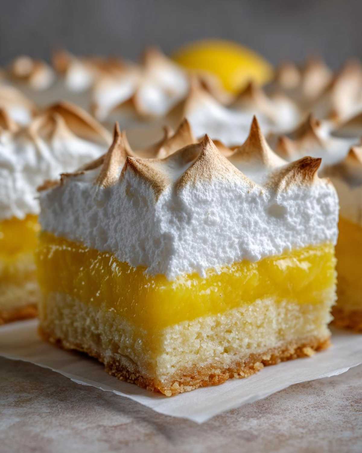A close-up of a single square of Lemon Meringue Pie Bars showing the crust, bright yellow filling, and torched meringue topping.