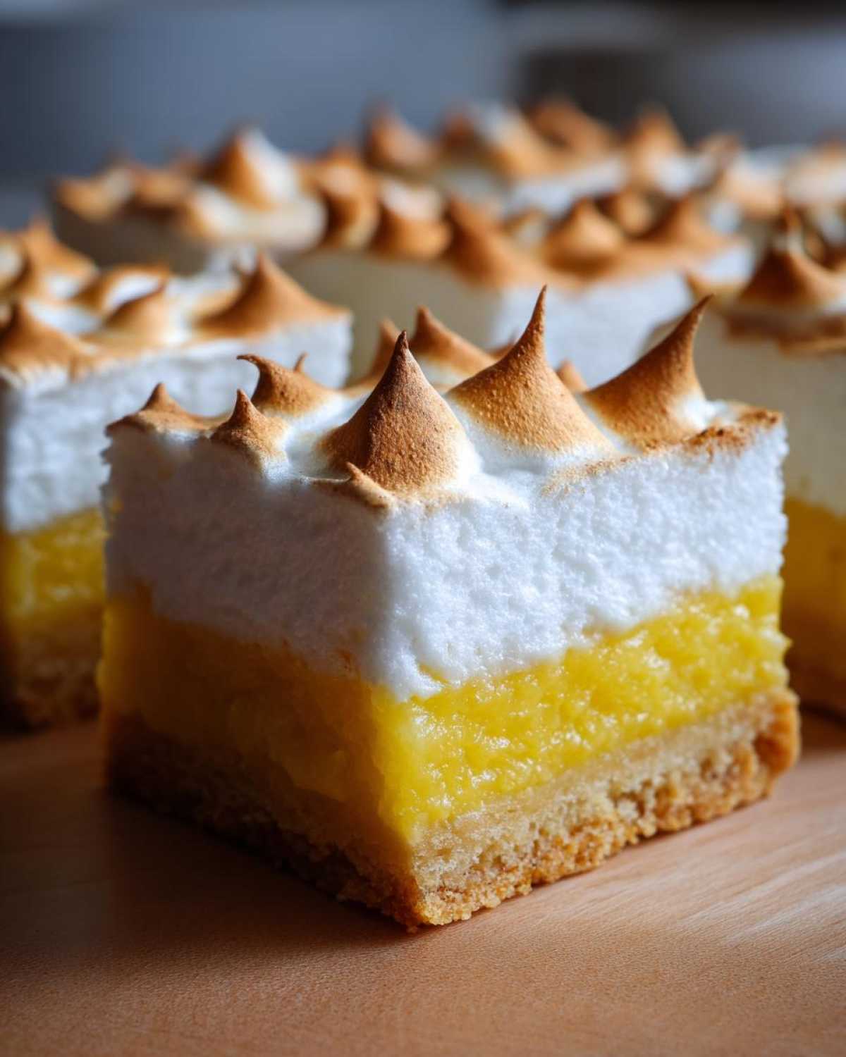 A close-up of a square slice of Lemon Meringue Pie Bars showing a crust, bright yellow lemon filling, and tall, toasted meringue peaks.