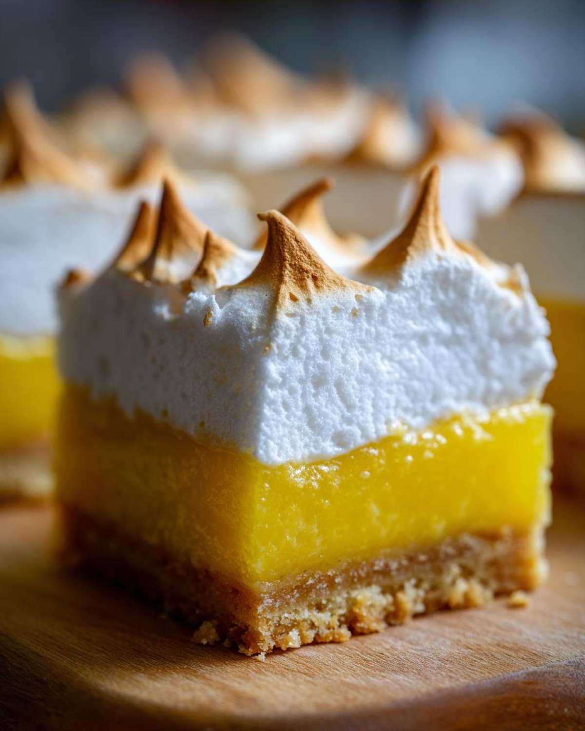 A close-up, macro shot of a single square of Lemon Meringue Pie Bars showing the crust, bright yellow lemon curd, and torched meringue topping.