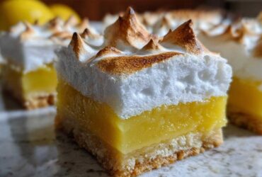 A close-up, featured shot of one square of Lemon Meringue Pie Bars showing the crust, bright lemon filling, and toasted meringue topping.