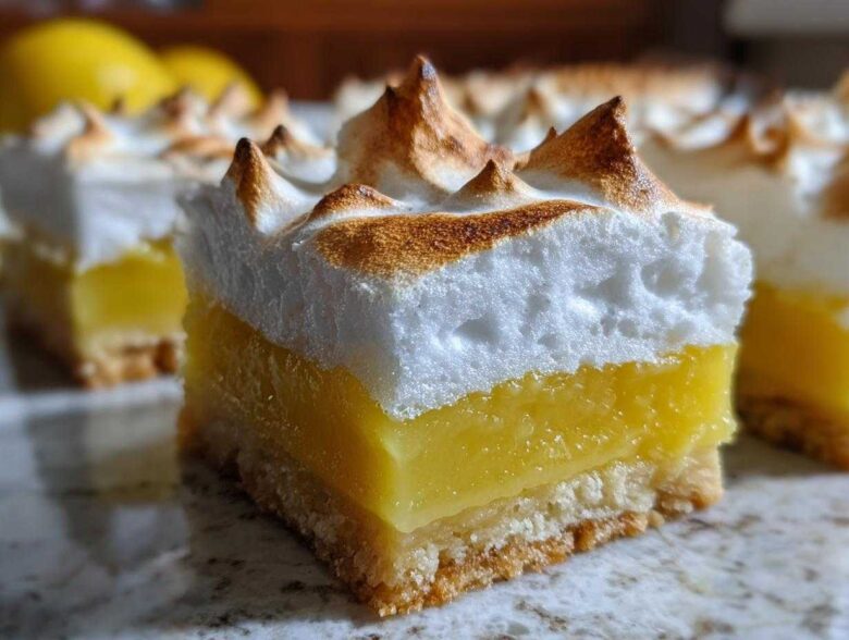 A close-up, featured shot of one square of Lemon Meringue Pie Bars showing the crust, bright lemon filling, and toasted meringue topping.