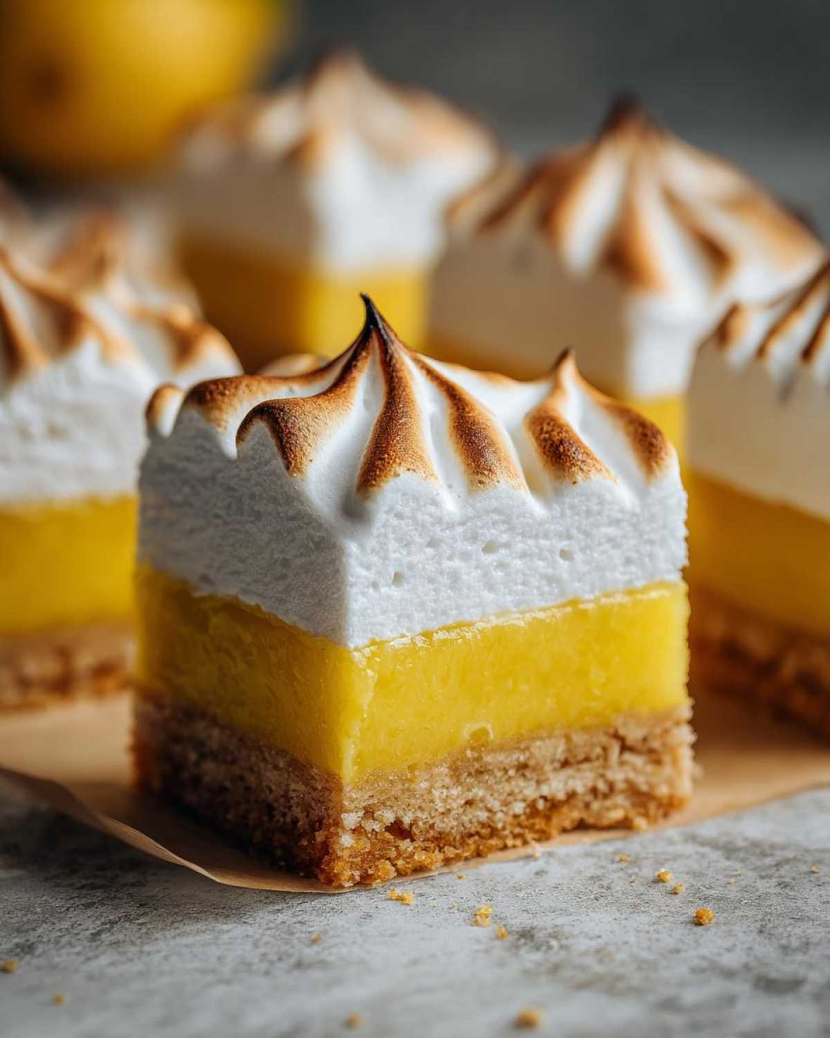 A single, perfectly cut square of Lemon Meringue Pie Bars showing a crust, bright lemon filling, and torched meringue topping.