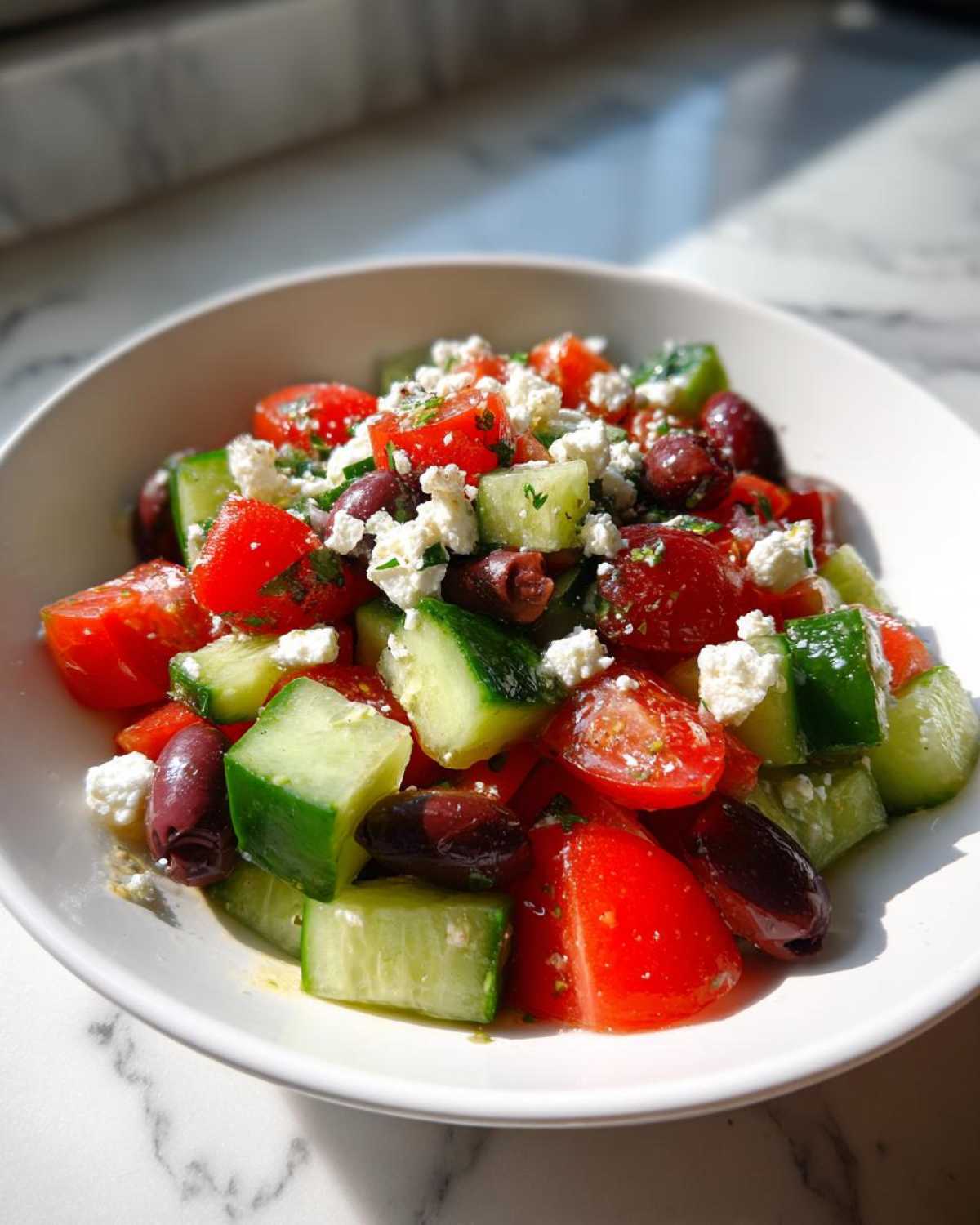 Close-up of vibrant Mediterranean Cucumber Tomato Salad with feta cheese, olives, and fresh herbs in a white bowl.