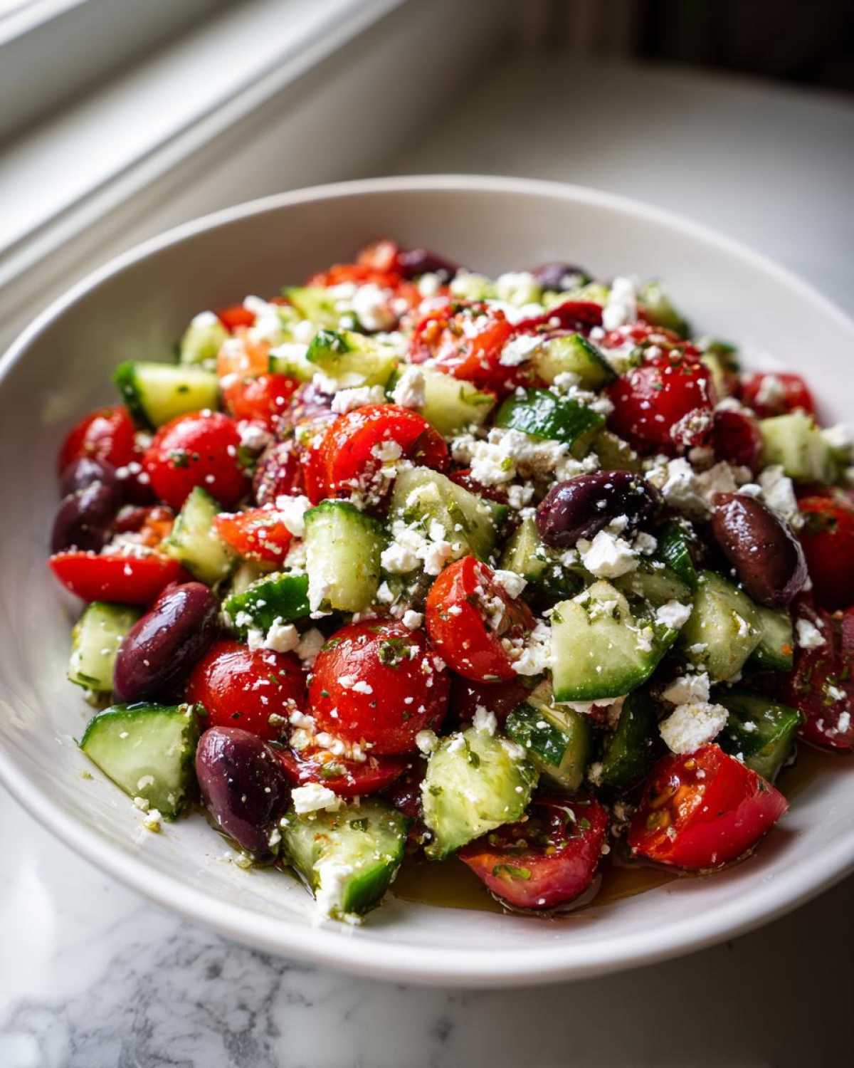 Close-up of a fresh Mediterranean Cucumber Tomato Salad with feta cheese and Kalamata olives.