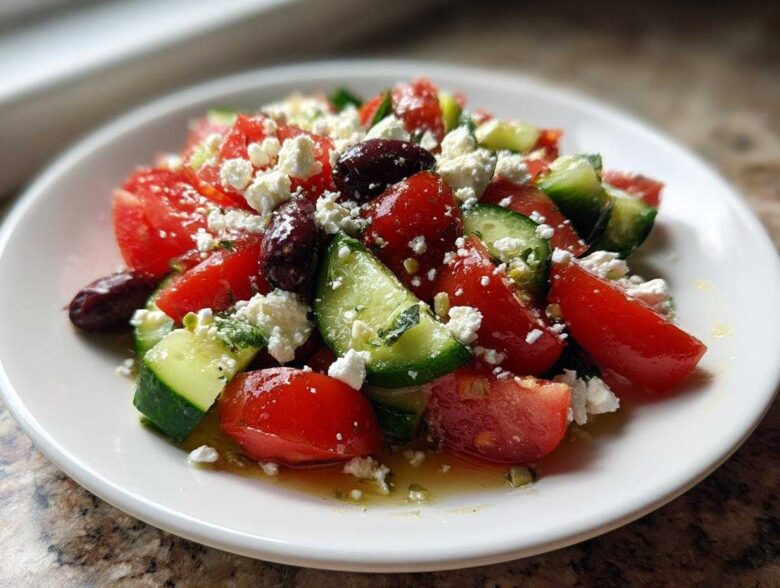 Close-up of a vibrant Mediterranean Cucumber Tomato Salad topped with crumbled feta cheese and Kalamata olives.