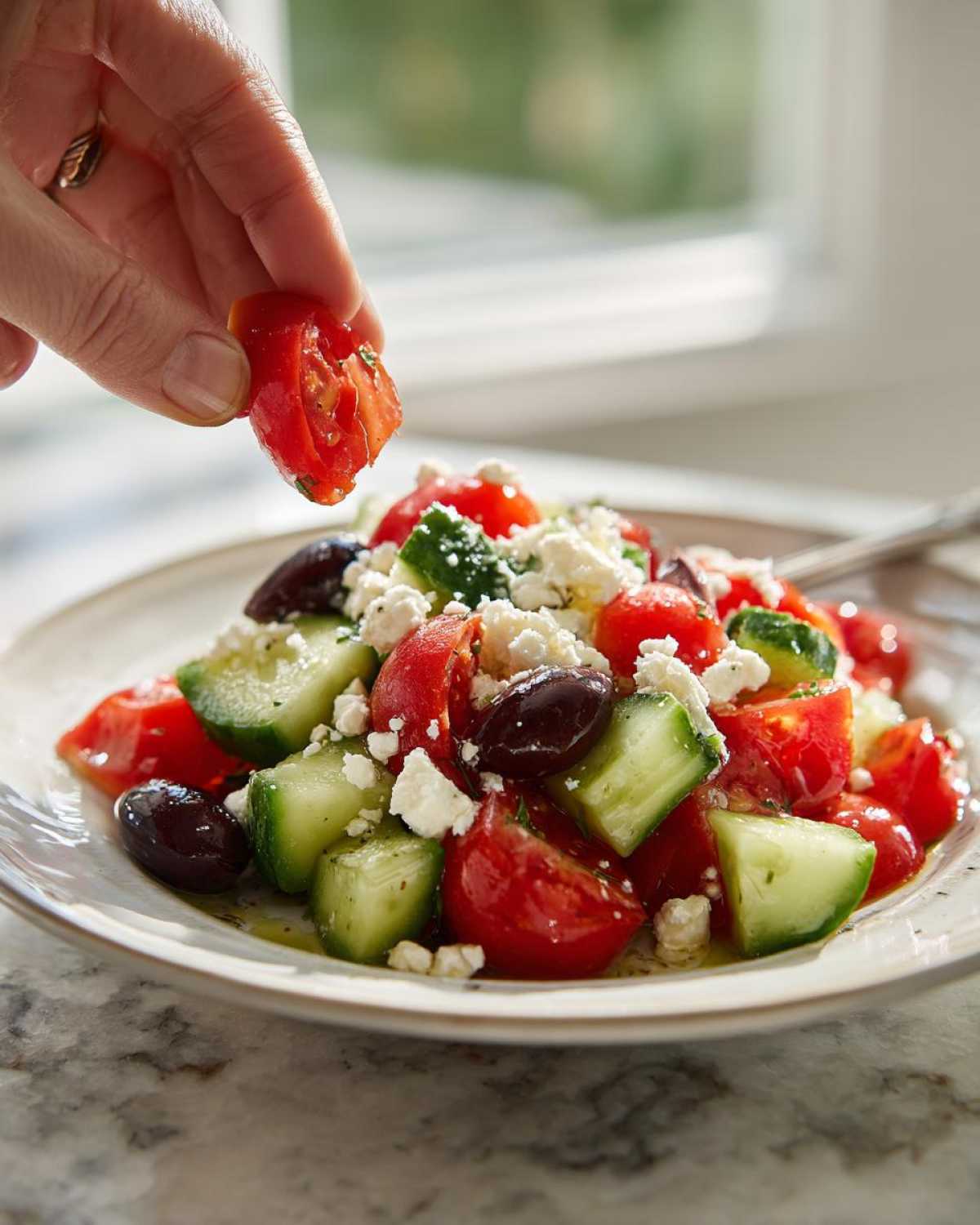 A hand adds a piece of tomato to a vibrant Mediterranean Cucumber Tomato Salad topped with feta.