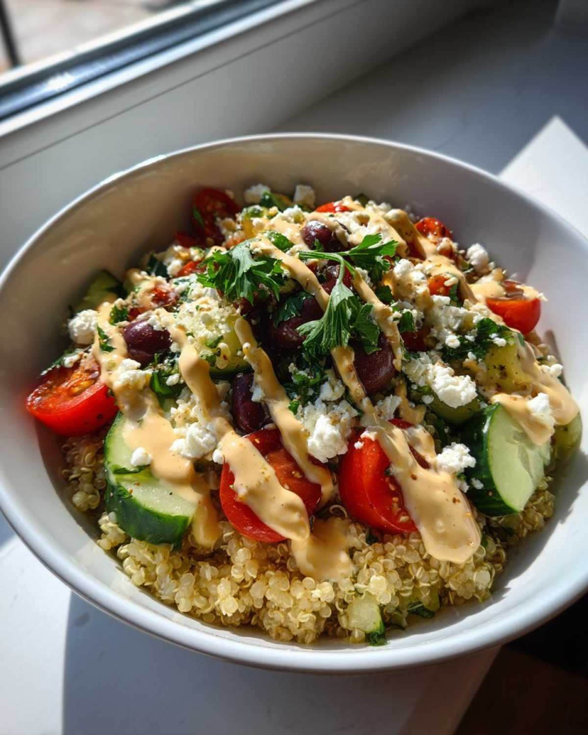A vibrant Mediterranean Quinoa Bowl topped with cucumbers, tomatoes, olives, feta, and drizzled with lemon tahini sauce.