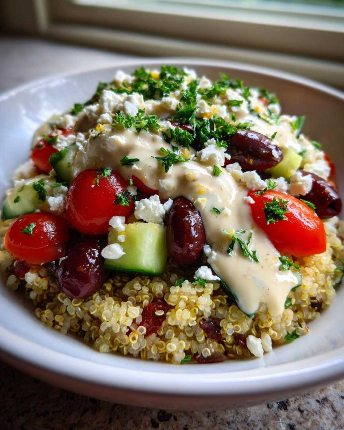 Close-up of a Mediterranean Quinoa Bowl topped with tomatoes, cucumbers, olives, feta, and lemon tahini sauce.