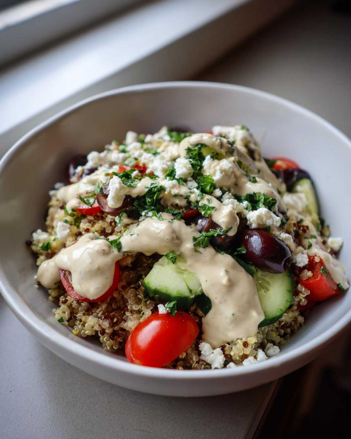 Close-up of a vibrant Mediterranean Quinoa Bowl topped with feta, cucumbers, tomatoes, olives, and lemon tahini sauce.